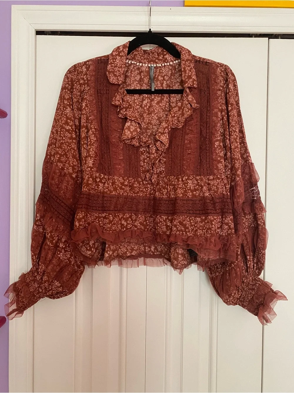 Anthropologie Rust Floral Ruffle V-Neck Blouse